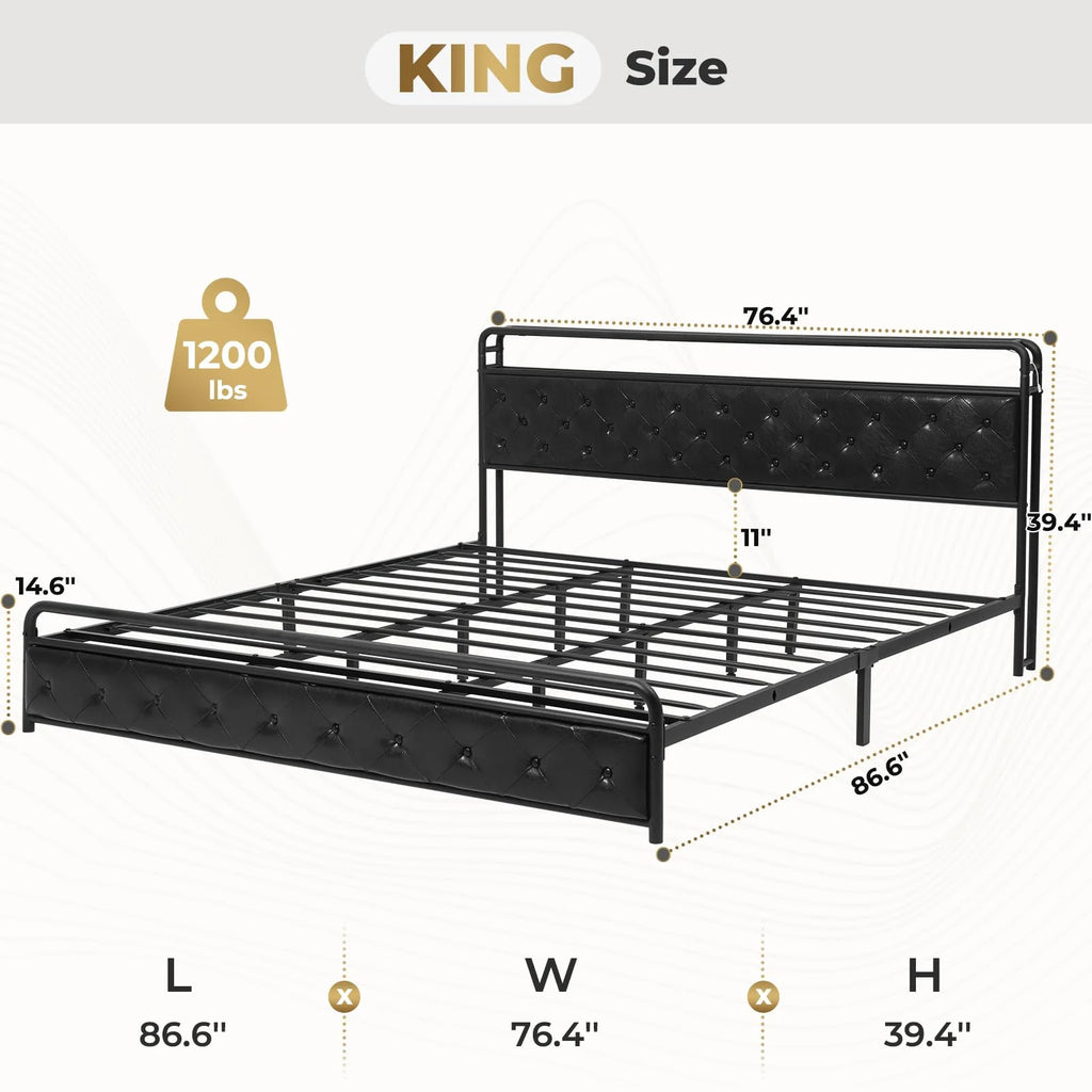 King Size Faux Leather Upholstered Platform Bed with LED Headboard K923