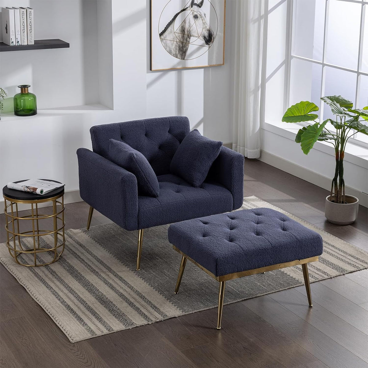 Blue Tufted Chaise Lounge Chair with Ottoman G366030
