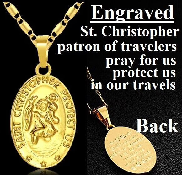 18k Gold Filled On Silver Saint Christopher Figaro Bar Chain Necklace V39236