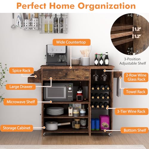 Rustic Brown Kitchen Island Cart with Drop-Leaf & Power Outlet B317