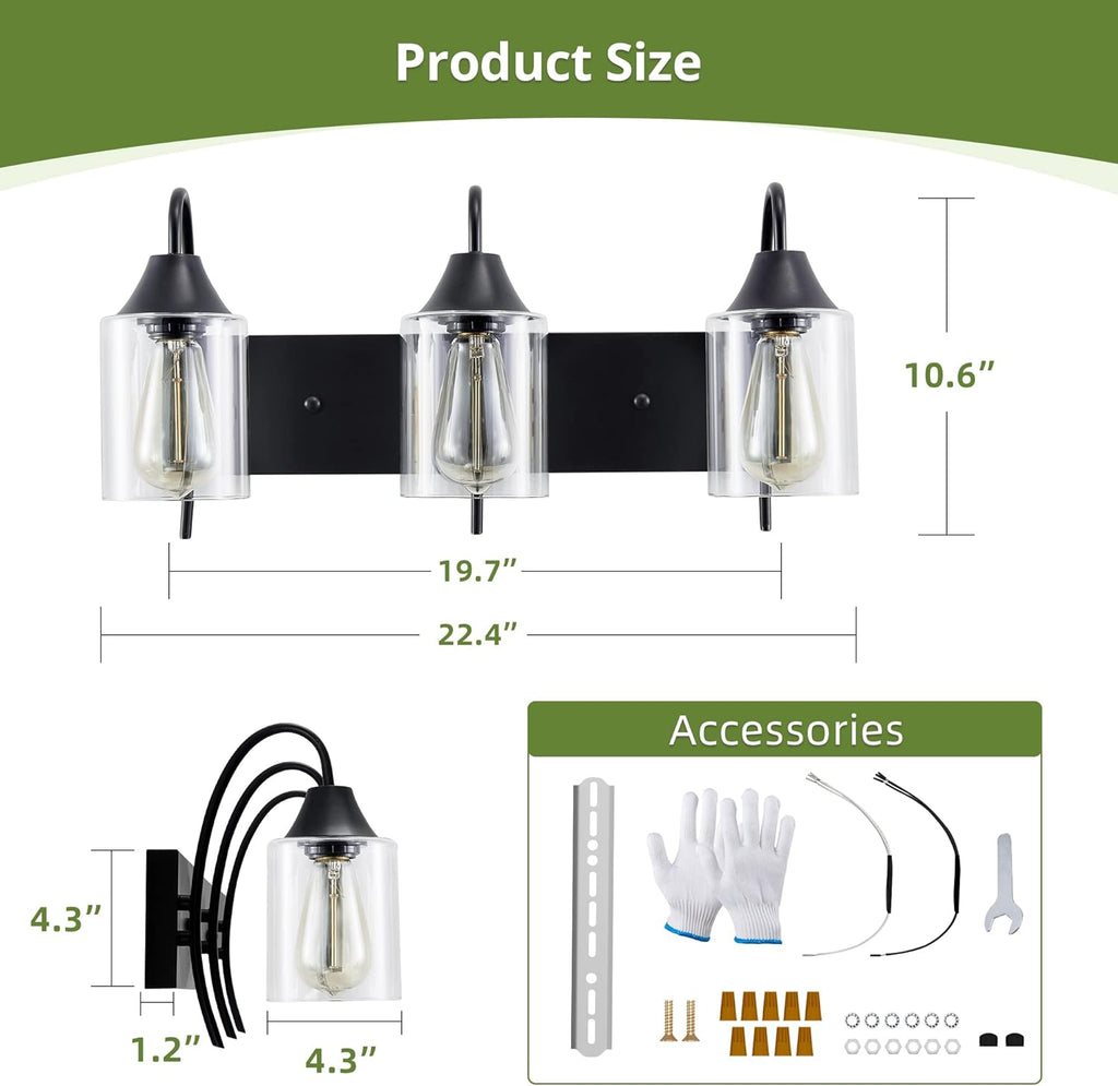 3-Light Matte Black Bathroom Vanity Light with Clear Glass Shades V3481