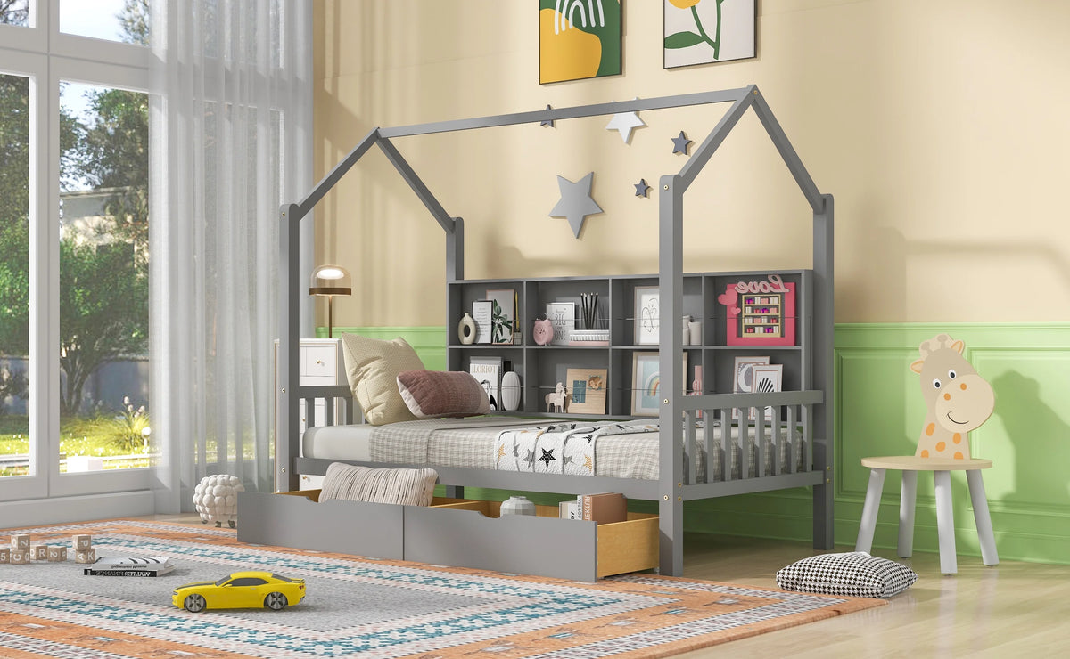 Wooden Twin Size House Bed with 2 Drawers and Storage Shelf Z461