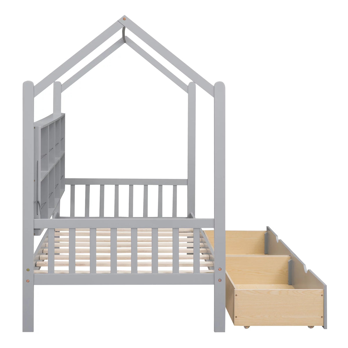 Wooden Twin Size House Bed with 2 Drawers and Storage Shelf Z461