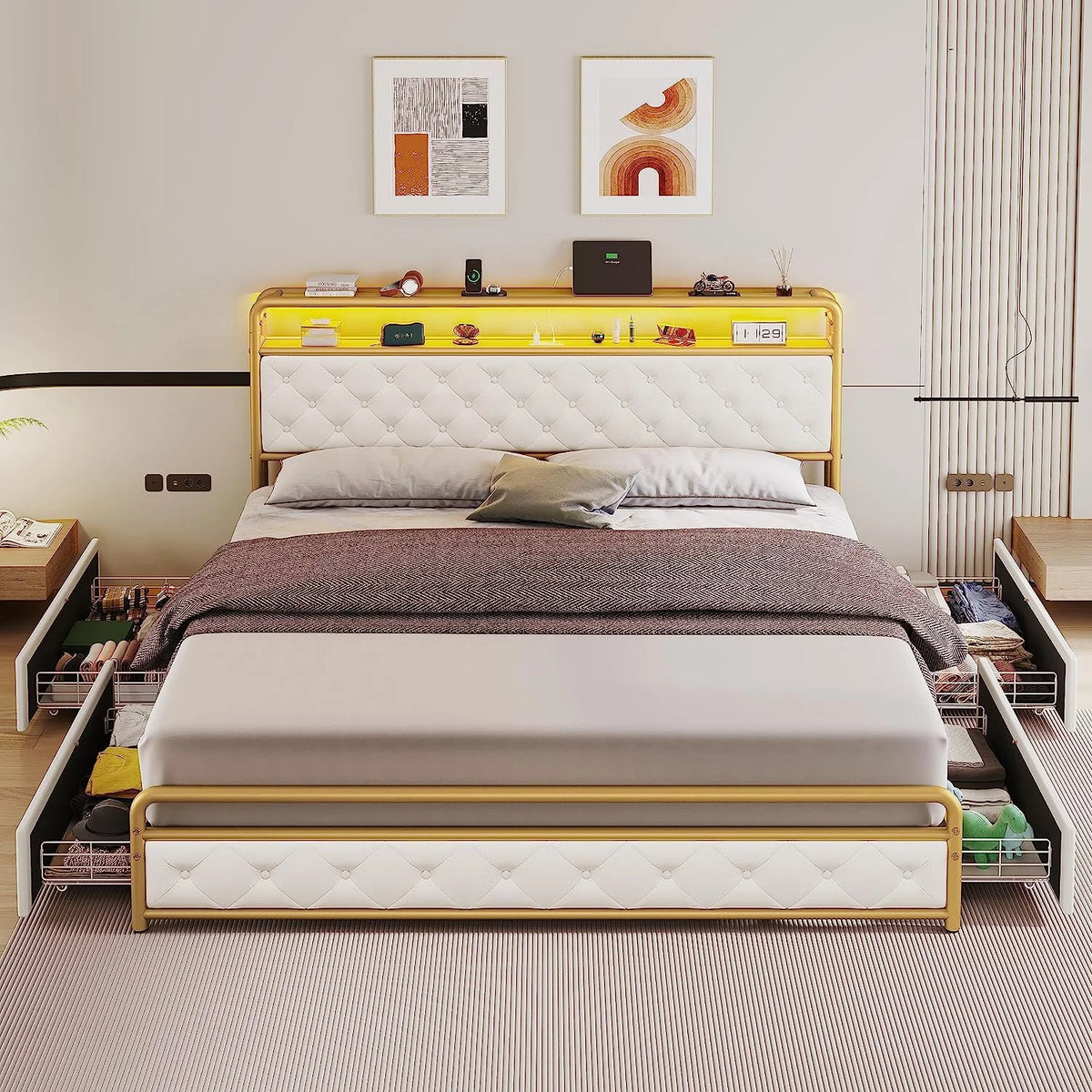 King Size Faux Leather Upholstered Platform Bed with LED Headboard K923