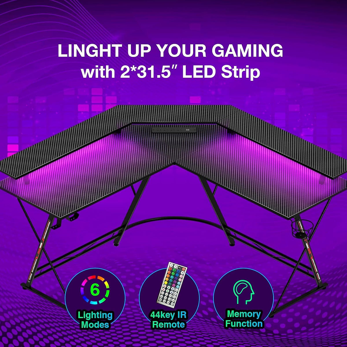 L-Shaped Gaming Desk with LED Strip & Power Outlets N661673