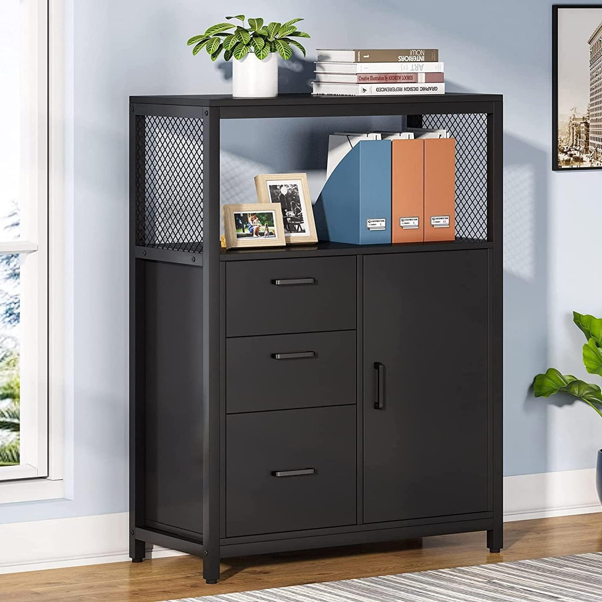 3 Drawer Lateral File Cabinet with Open Shelves B705578