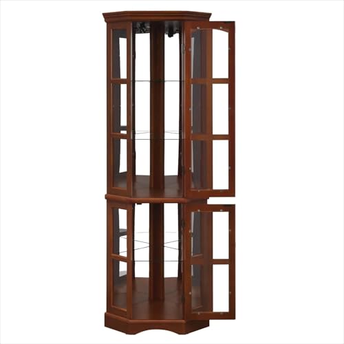 Lighted Corner Curio Cabinet with 4 Adjustable Shelves, Mirrored Back Panel, 4 Tempered Doors, 23.75"×11.75"×70", Cherry H636