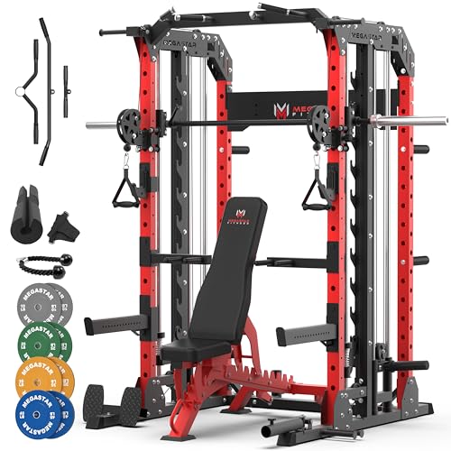 Smith Machine Home Gym with Aluminum Pulley Set - 2000lbs Capacity All-in-One Power Rack with Cable Crossover, Pull-Up Bar & Dip Station, Includes 18 Attachments E988