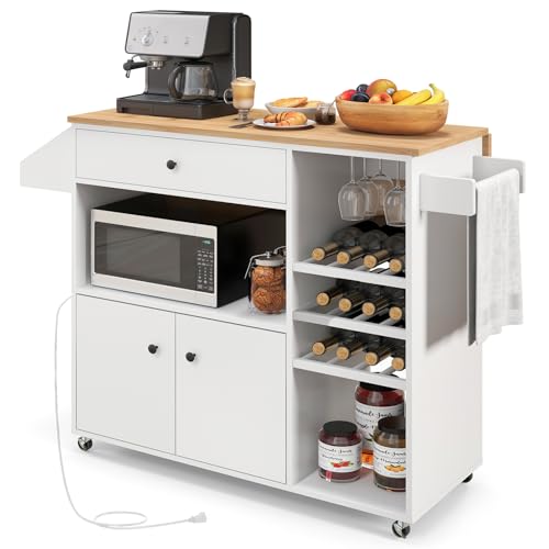 Rustic Brown Kitchen Island Cart with Drop-Leaf & Power Outlet B317