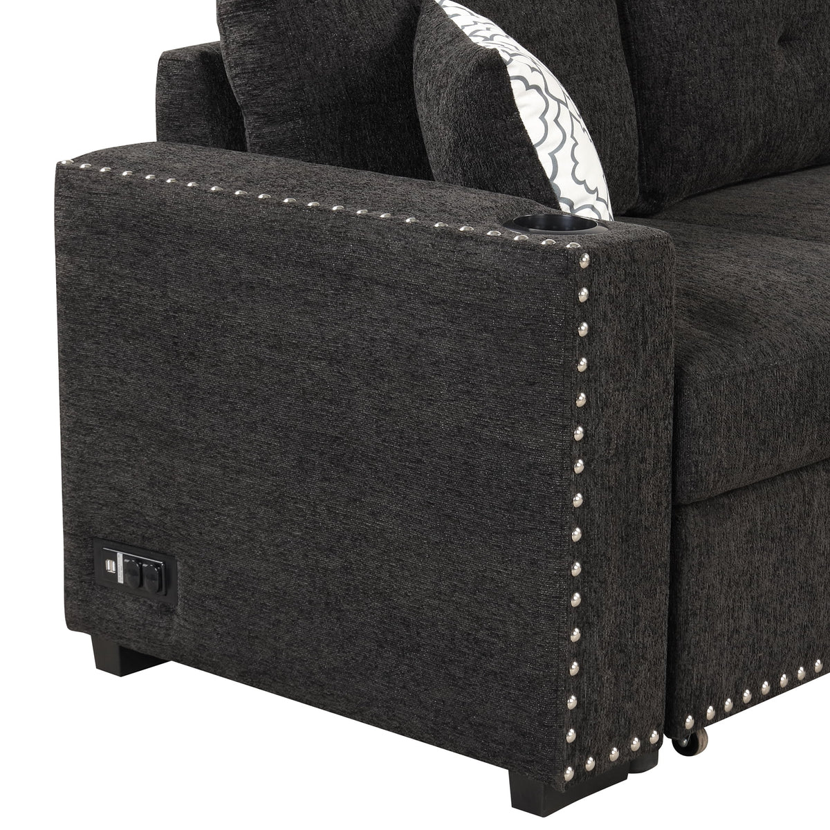 Black Reversible Pull-Out Sectional Sofa Bed with Storage Chaise I132