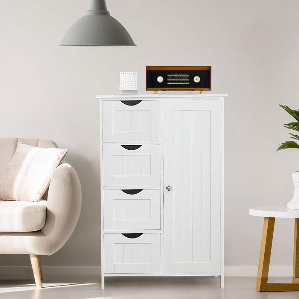 White Wooden Floor Storage Cabinet with 1 Door & 4 Drawer Y1547