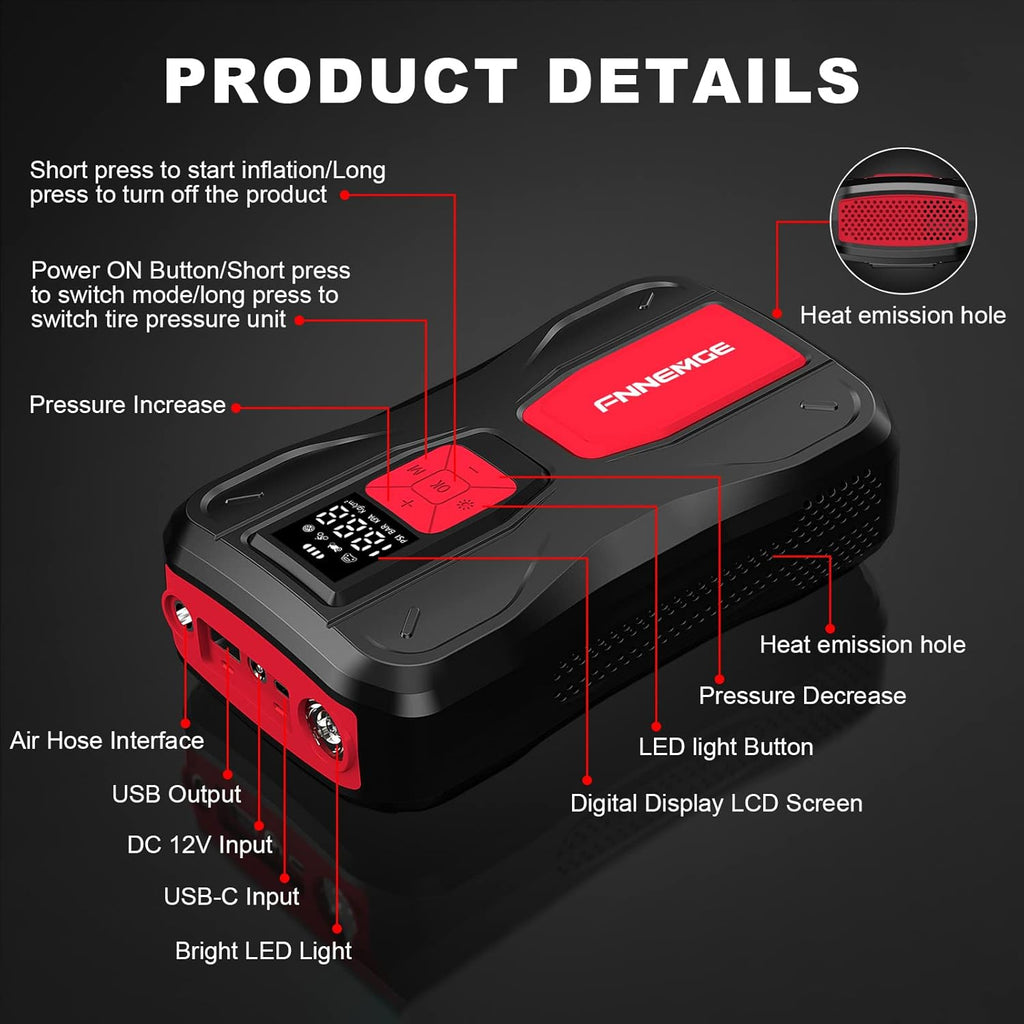 Tire Inflator Portable, 150PSI Cordless Air Compressor, 6000 mAh Li-ion Battery, LED Light O947