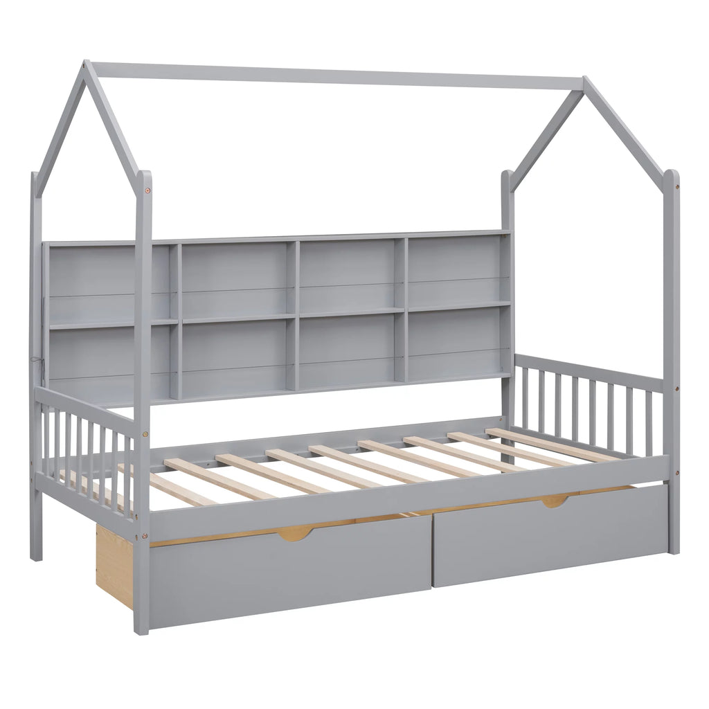 Wooden Twin Size House Bed with 2 Drawers and Storage Shelf Z461