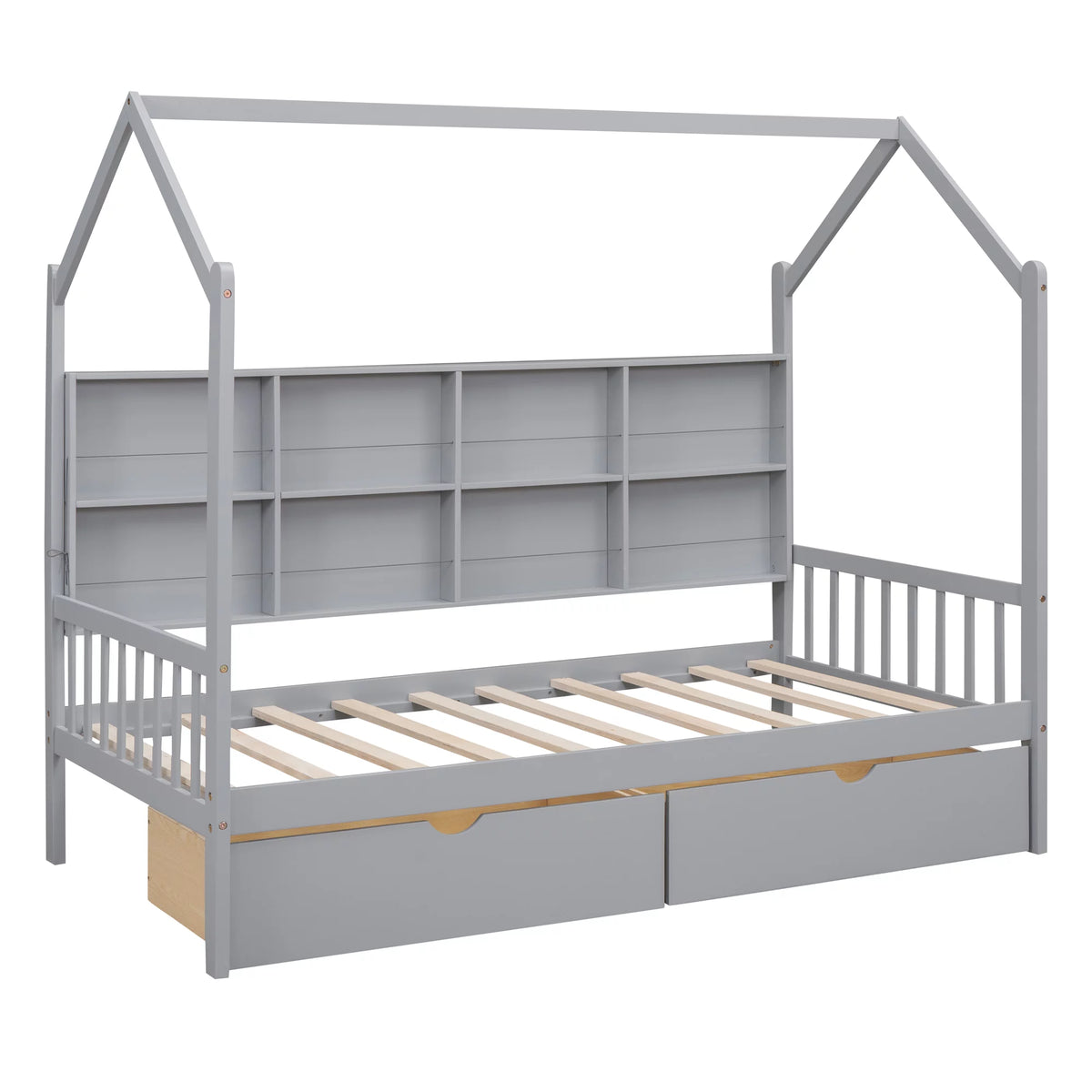 Wooden Twin Size House Bed with 2 Drawers and Storage Shelf Z461