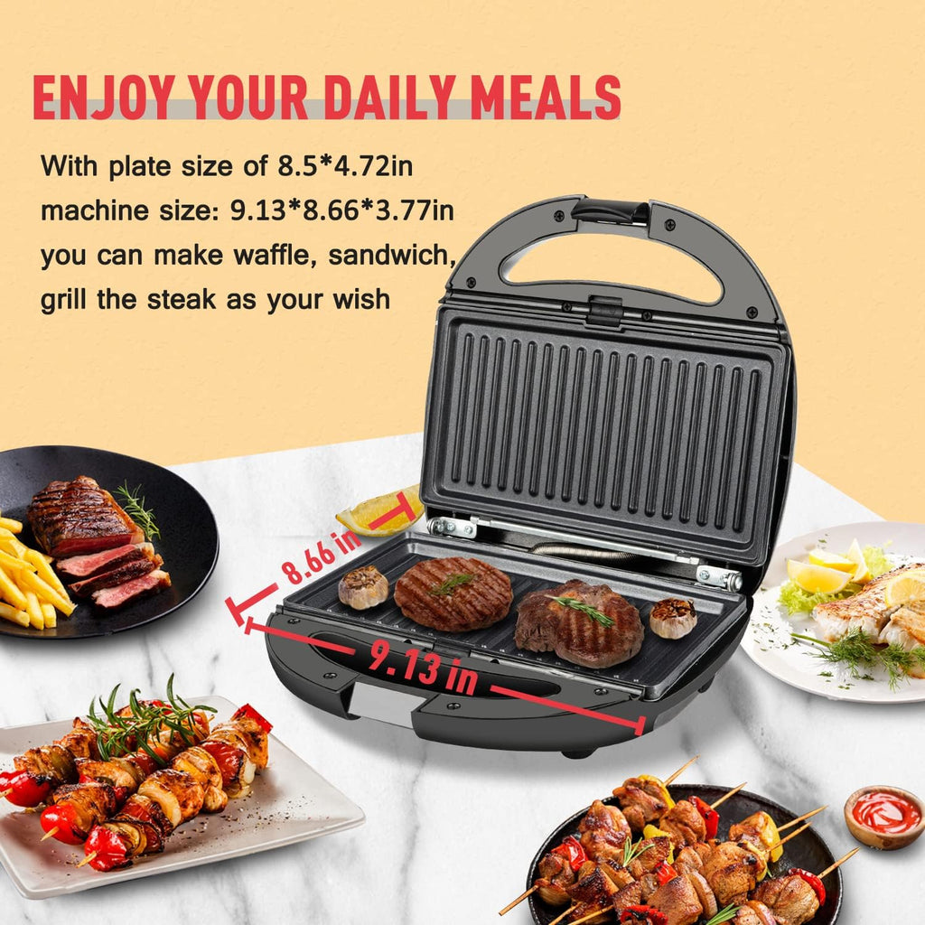Black 3-in-1 Sandwich Maker and Waffle Iron with Non-stick Plate A9676