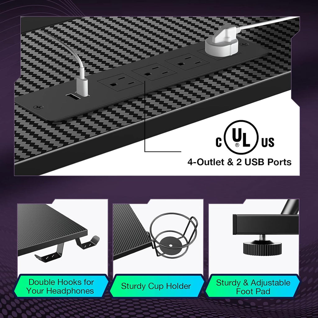 L-Shaped Gaming Desk with LED Strip & Power Outlets N661673