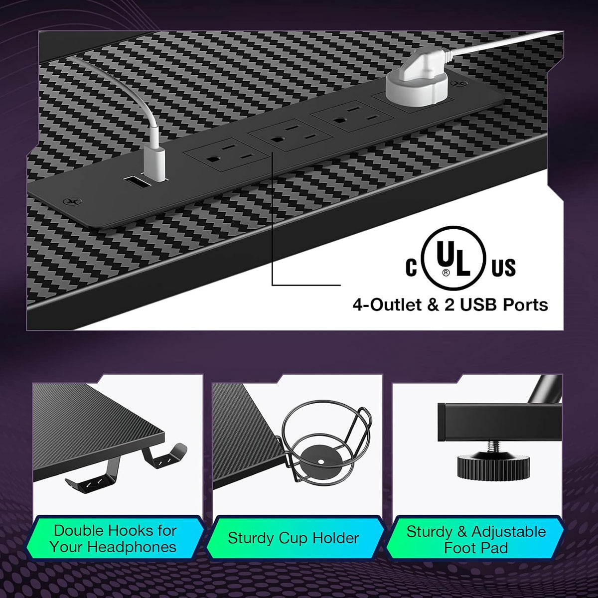 L-Shaped Gaming Desk with LED Strip & Power Outlets N661673
