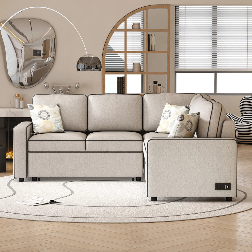 5 Seat Pull Out L-Shaped Sofa Bed with 2 USB Ports B2535