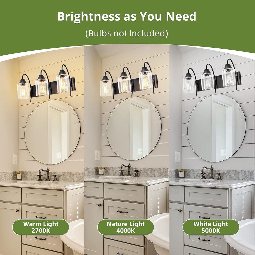 3-Light Matte Black Bathroom Vanity Light with Clear Glass Shades V3481
