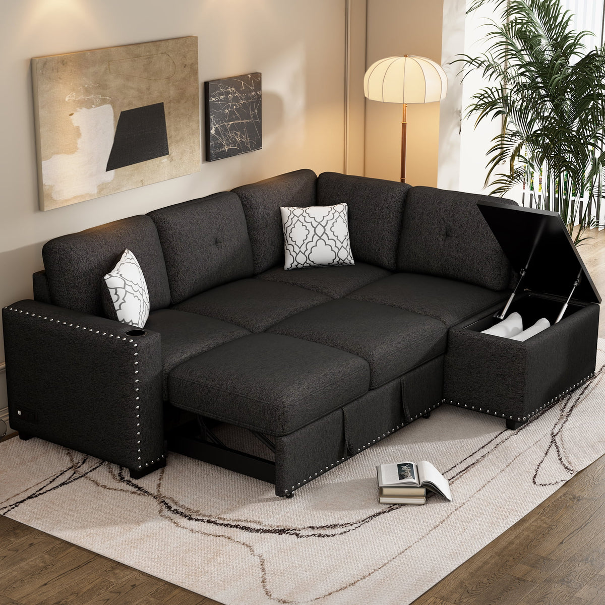 Black Reversible Pull-Out Sectional Sofa Bed with Storage Chaise I132