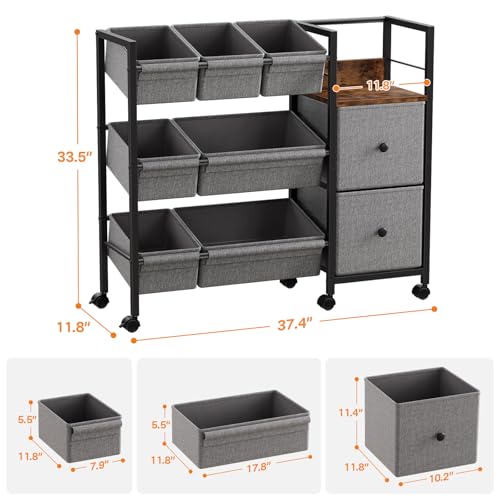 Kids Toy Organizers and Storage Bins, 7 Storage Bins, 2 Fabric Drawers, 1 Bookshelf, Black M2381