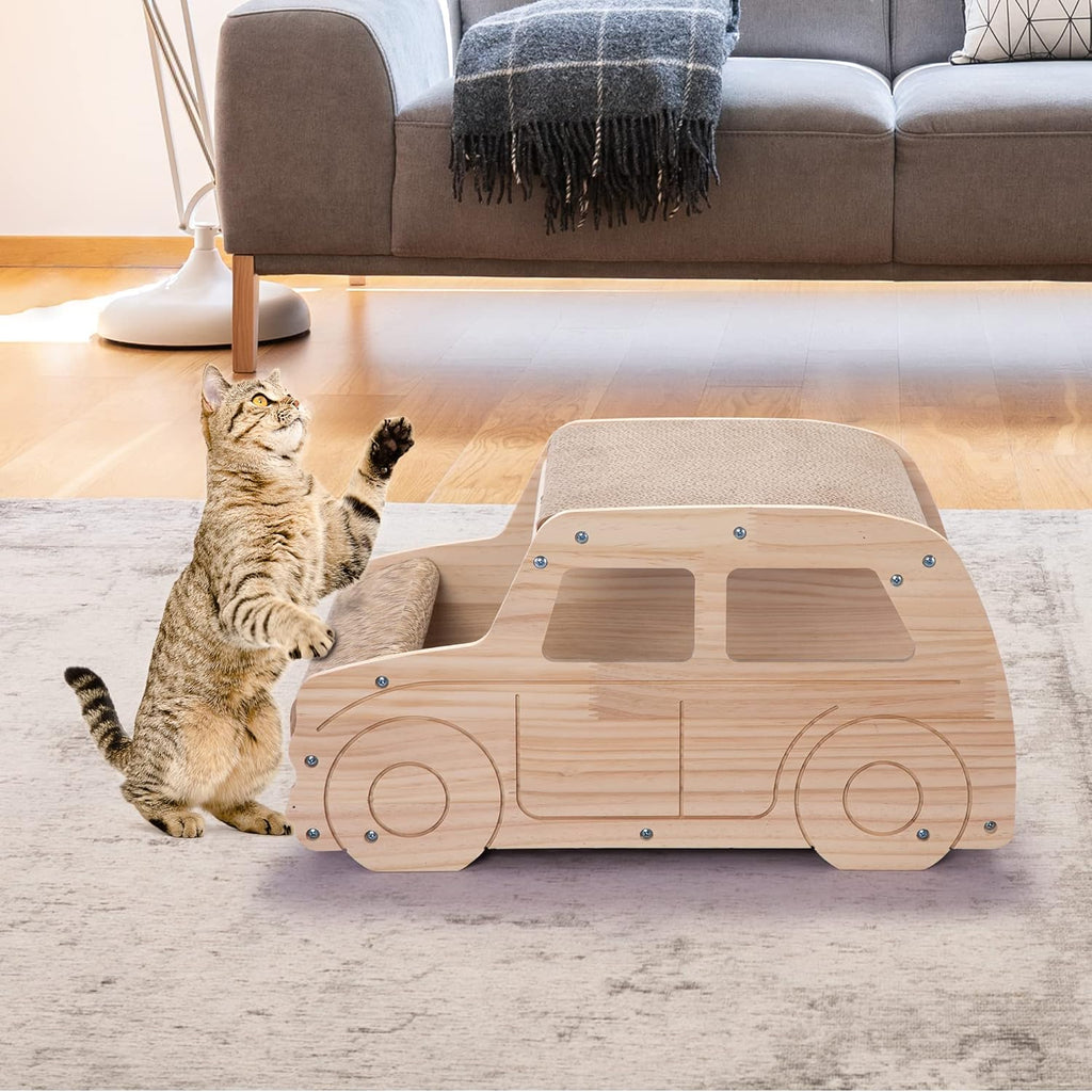 2-in-1 Wood Corrugated Cat Scratcher, Natural Pine Board, Durable Cardboard J231313