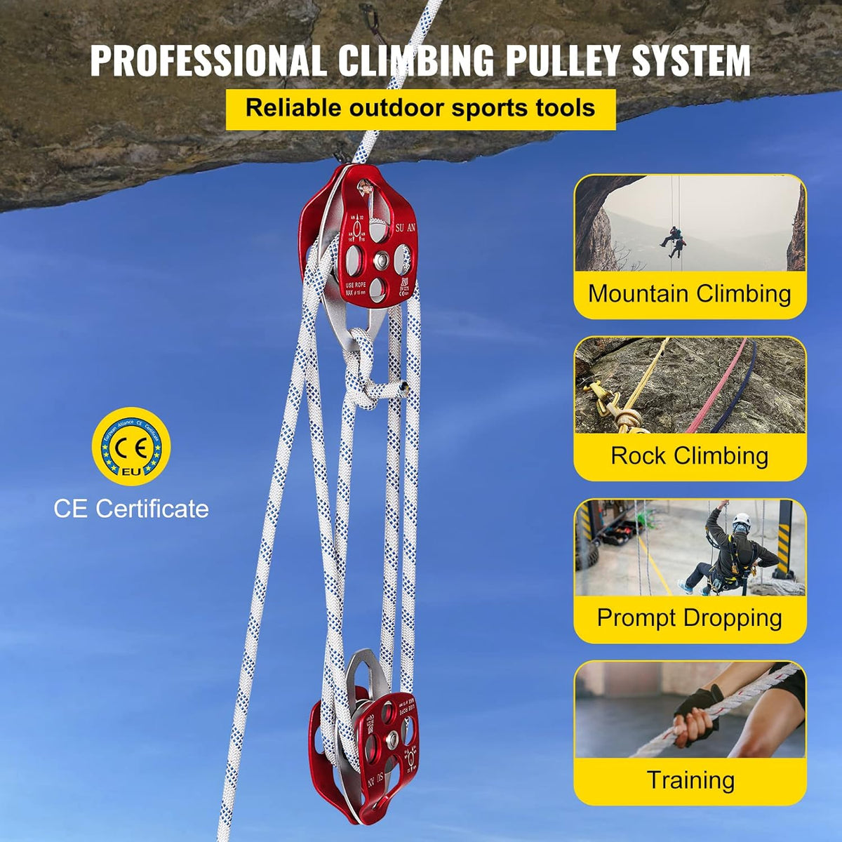 Twin Sheave Block and Tackle with Braid Rope Double Pulley Rigging G79396