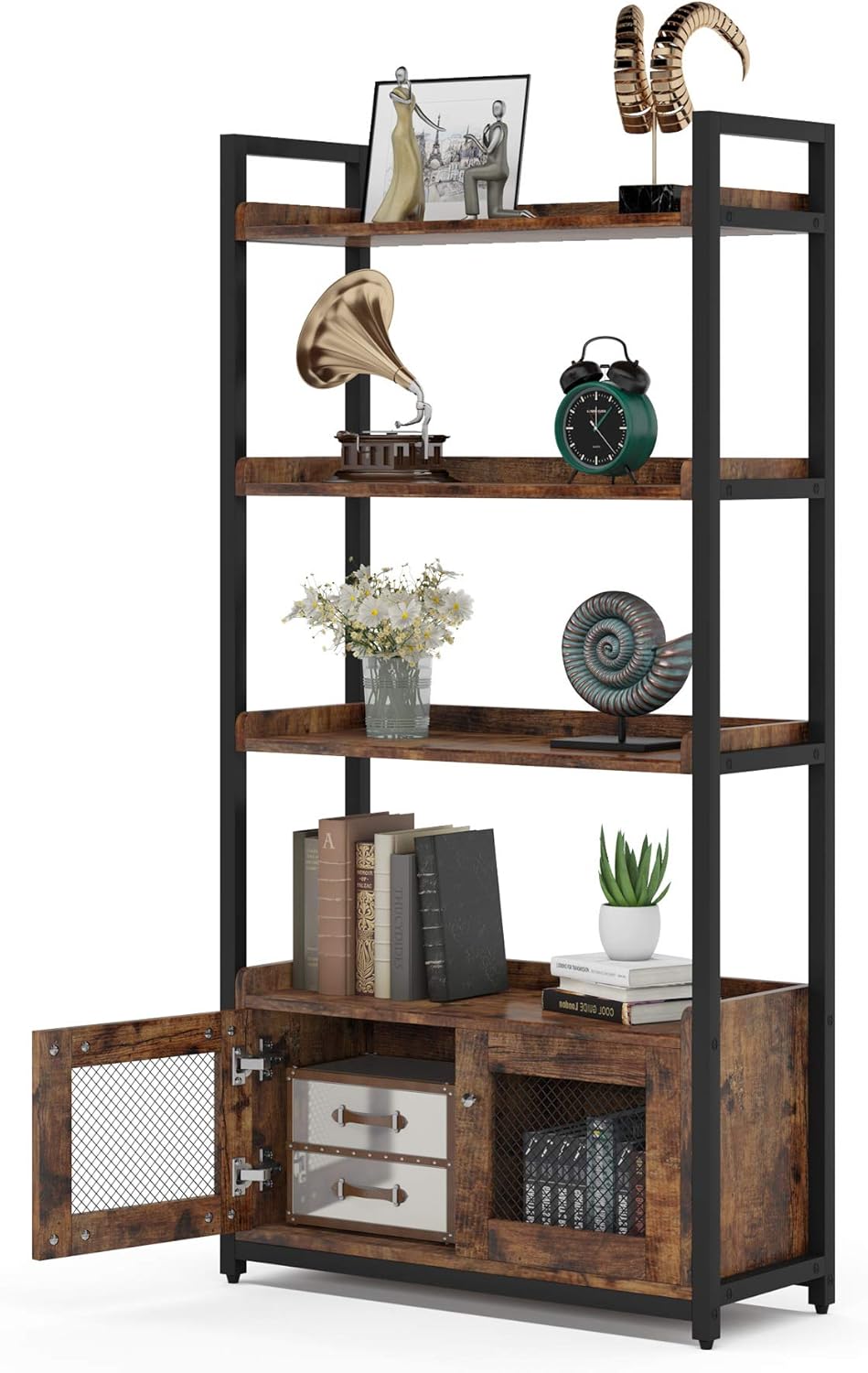 4-Tier Tall Bookshelf with 2 Storage Cabinets C5978