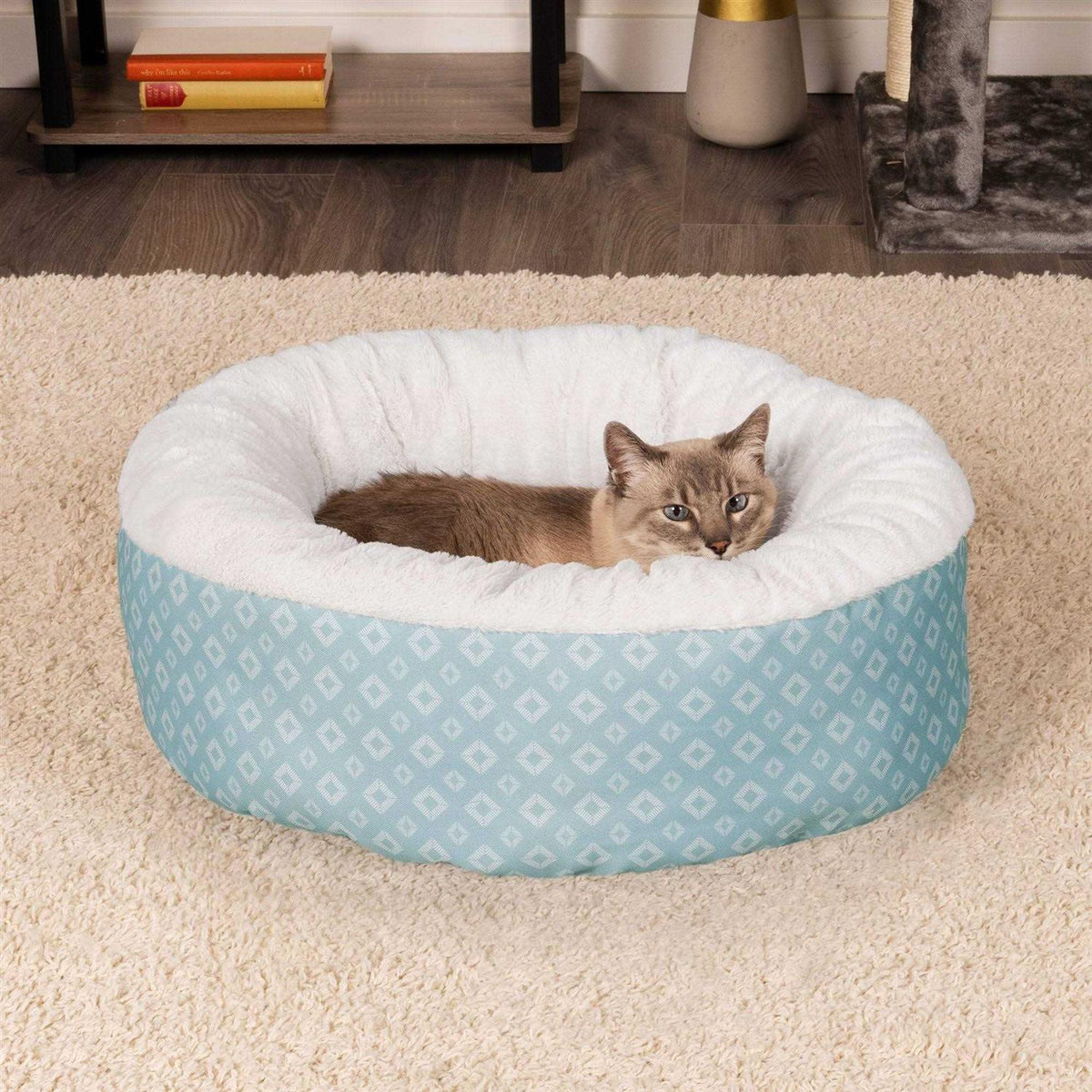 Plush Diamond Print Calming Donut Pet Bed N604