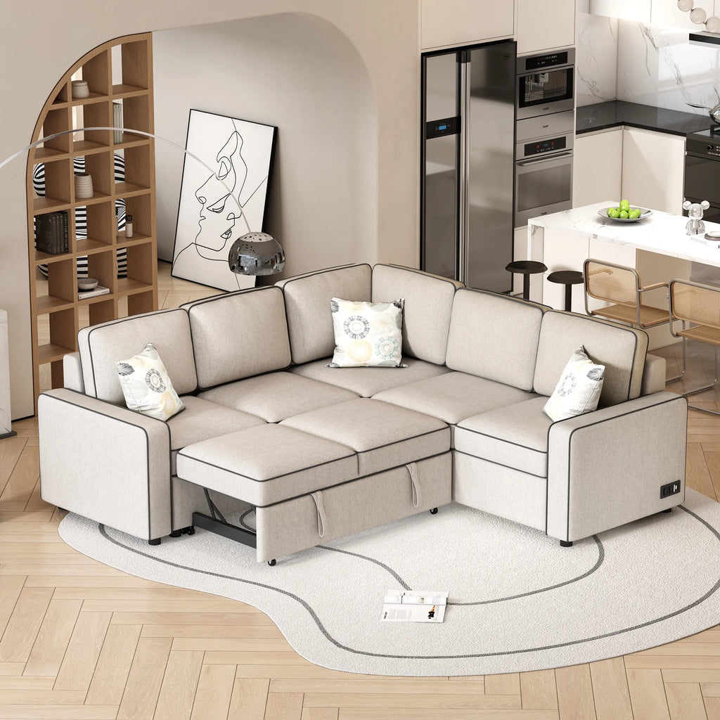 5 Seat Pull Out L-Shaped Sofa Bed with 2 USB Ports B2535