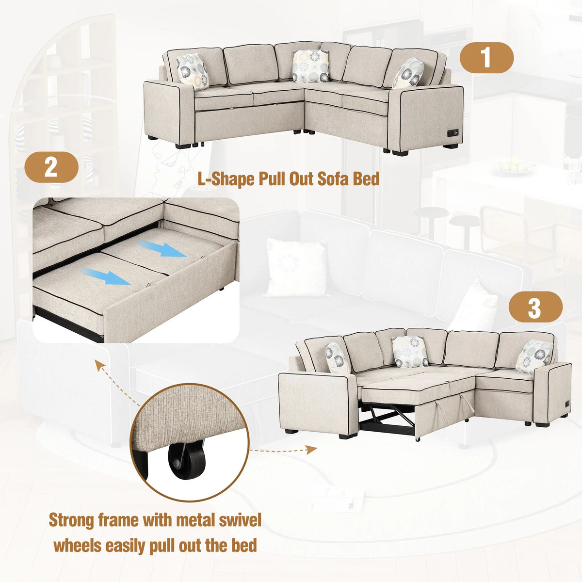5 Seat Pull Out L-Shaped Sofa Bed with 2 USB Ports B2535