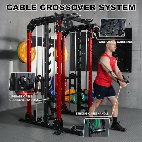 Smith Machine Home Gym with Aluminum Pulley Set - 2000lbs Capacity All-in-One Power Rack with Cable Crossover, Pull-Up Bar & Dip Station, Includes 18 Attachments E988