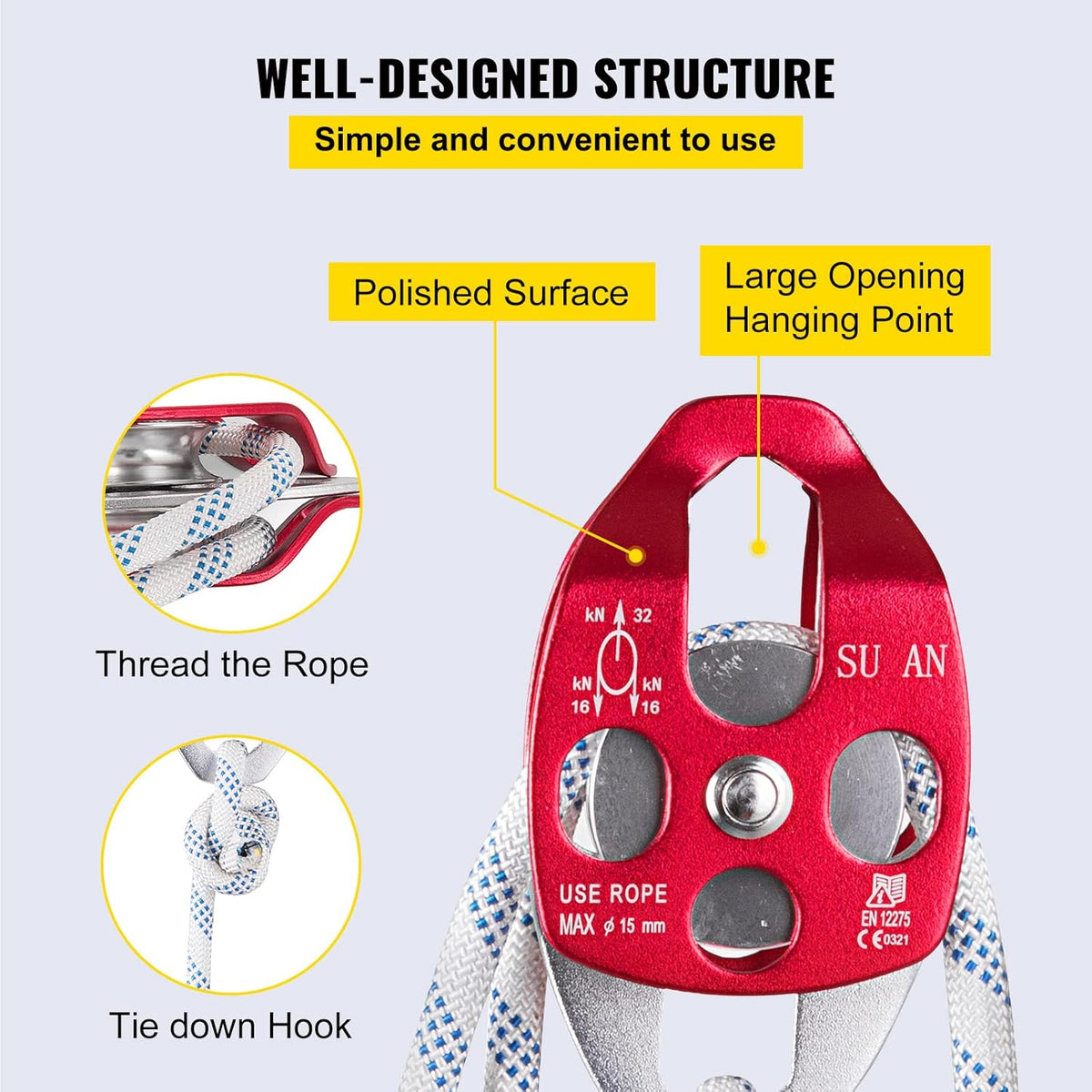 Twin Sheave Block and Tackle with Braid Rope Double Pulley Rigging G79396