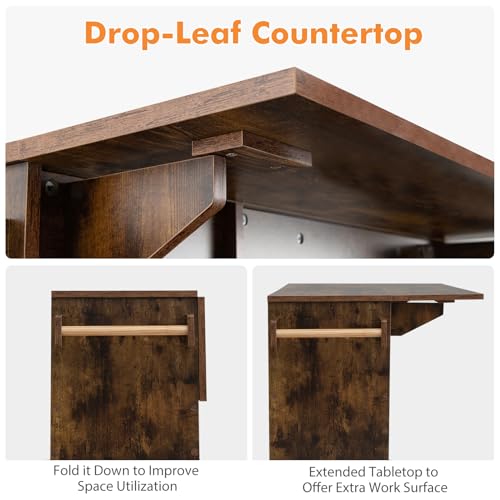 Rustic Brown Kitchen Island Cart with Drop-Leaf & Power Outlet B317