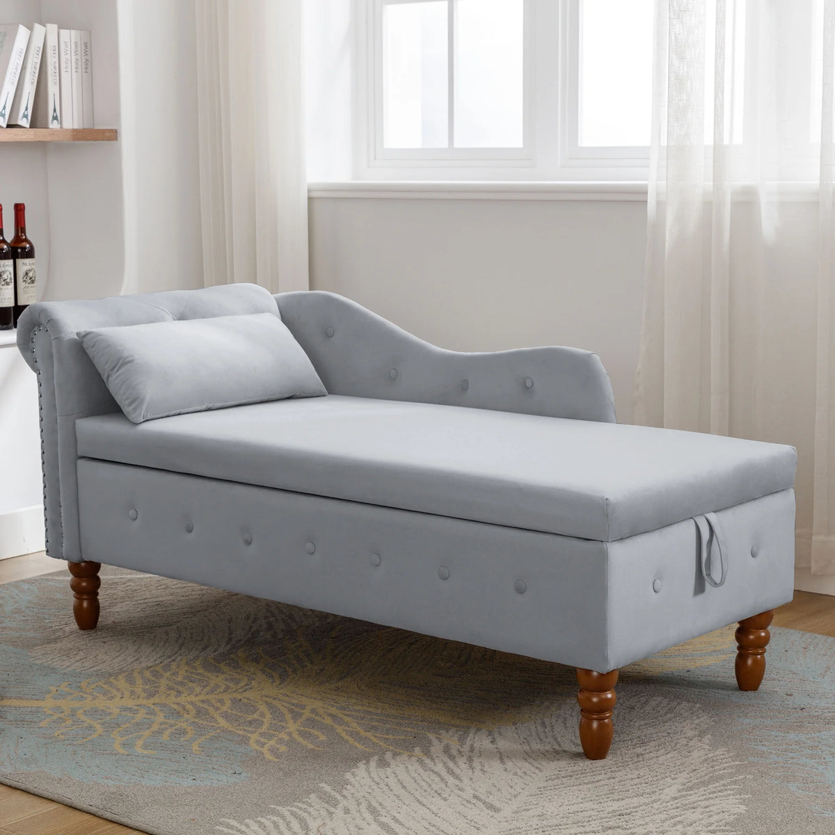 Grey Velvet Chaise Lounge with Storage and Pillow L21373