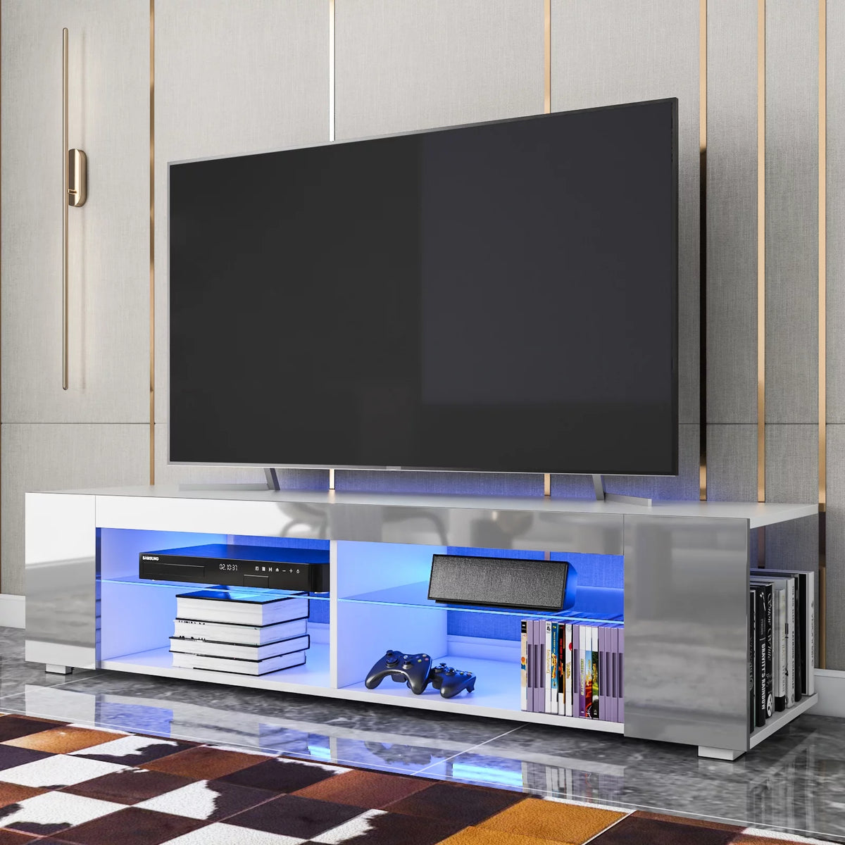 LED TV Stand with Side Bookshelf and 4 Open Shelves L621