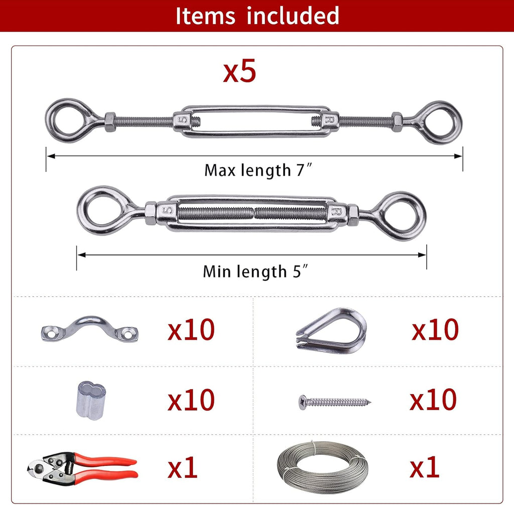 5Set 1/8 Cable Railing Kit Hardware Turnbuckle M5 Eye to Eye and 165' Wire Rope for Wood Post Stainless Steel Angle Adjustable 5 Cable Lines A581831