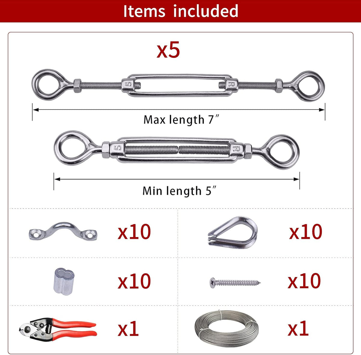 5Set 1/8 Cable Railing Kit Hardware Turnbuckle M5 Eye to Eye and 165' Wire Rope for Wood Post Stainless Steel Angle Adjustable 5 Cable Lines A581831