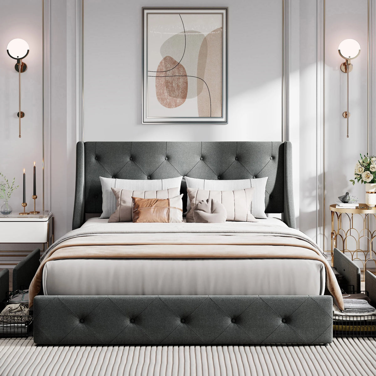 Queen Size Platform Bed Frame with 4 Storage Drawers O795045