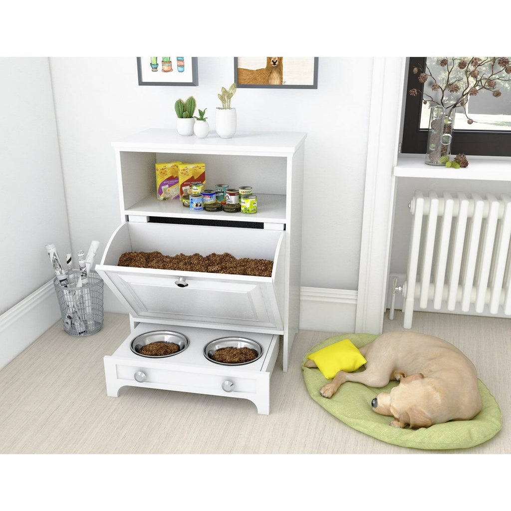 White Pet Feeding Station with Food Storage Cabinet B413520