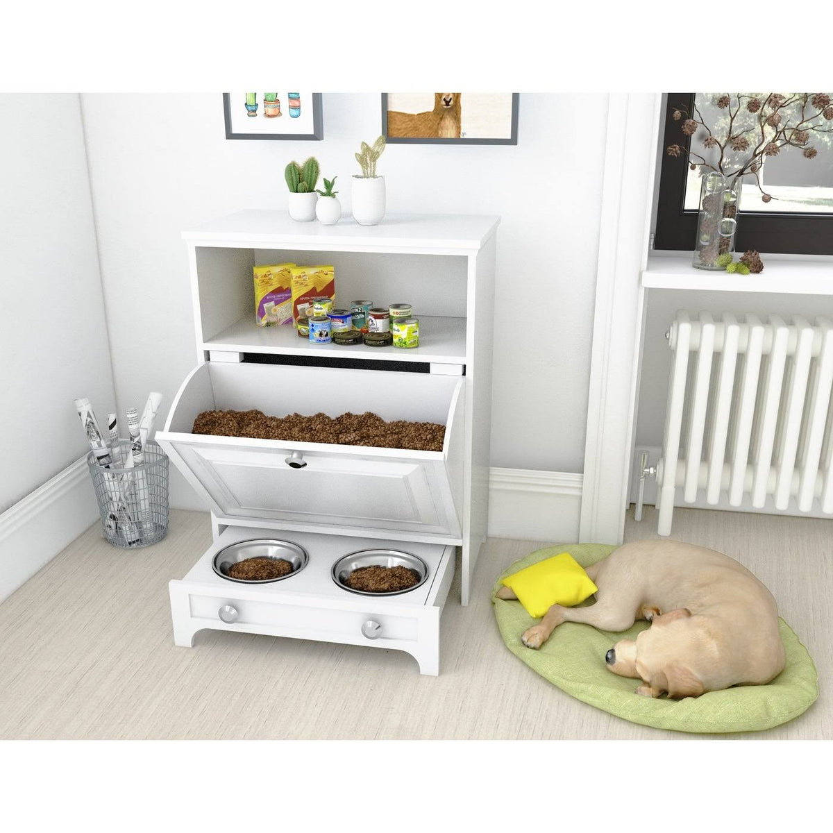 White Pet Feeding Station with Food Storage Cabinet B413520