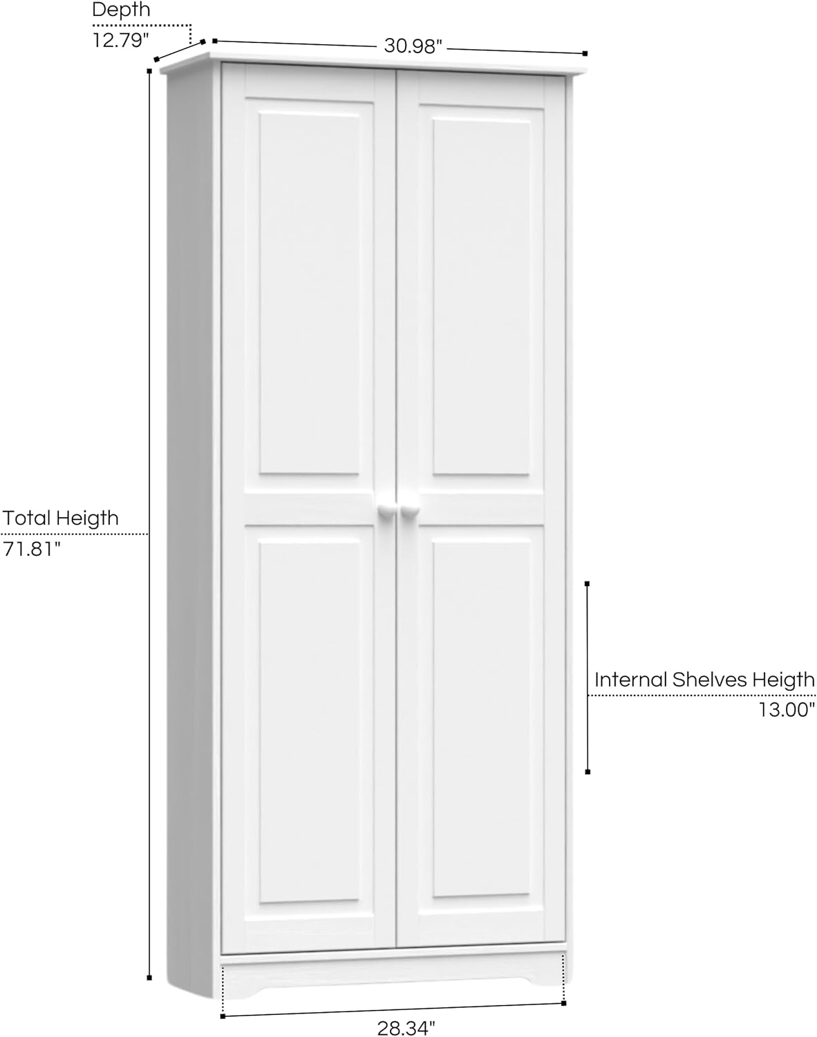 Solid Wood White Cabinet Pantry with 2 Doors and Adjustable Shelves N790306