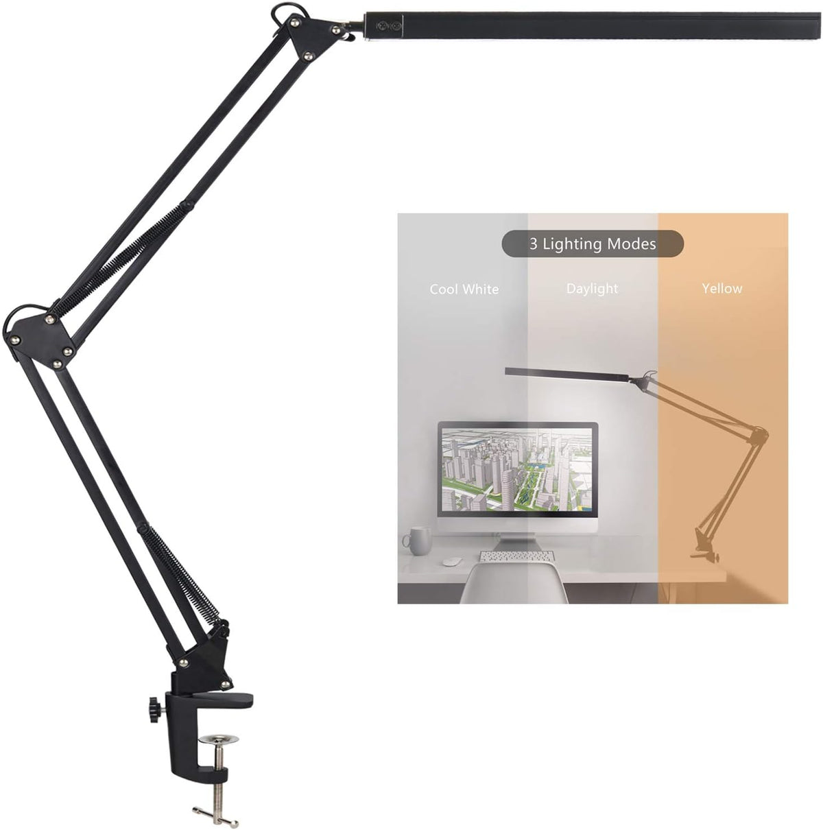 LED Architect Desk Lamp with Clamp, 3 Color Modes, 10-Level Dimmer S1038