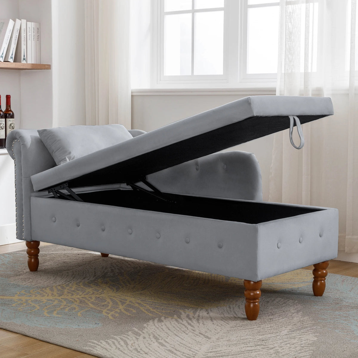 Grey Velvet Chaise Lounge with Storage and Pillow L21373