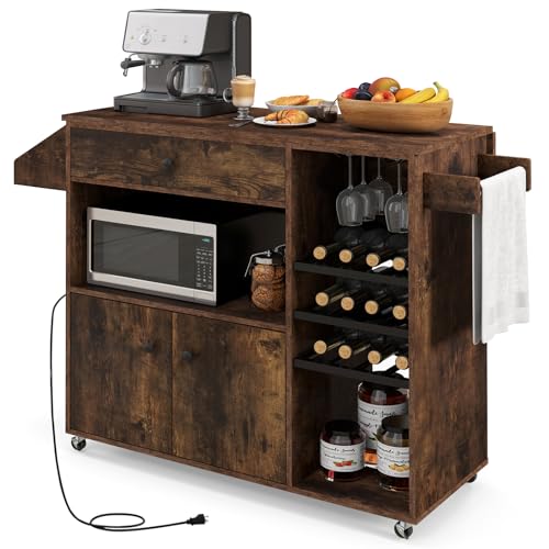 Rustic Brown Kitchen Island Cart with Drop-Leaf & Power Outlet B317