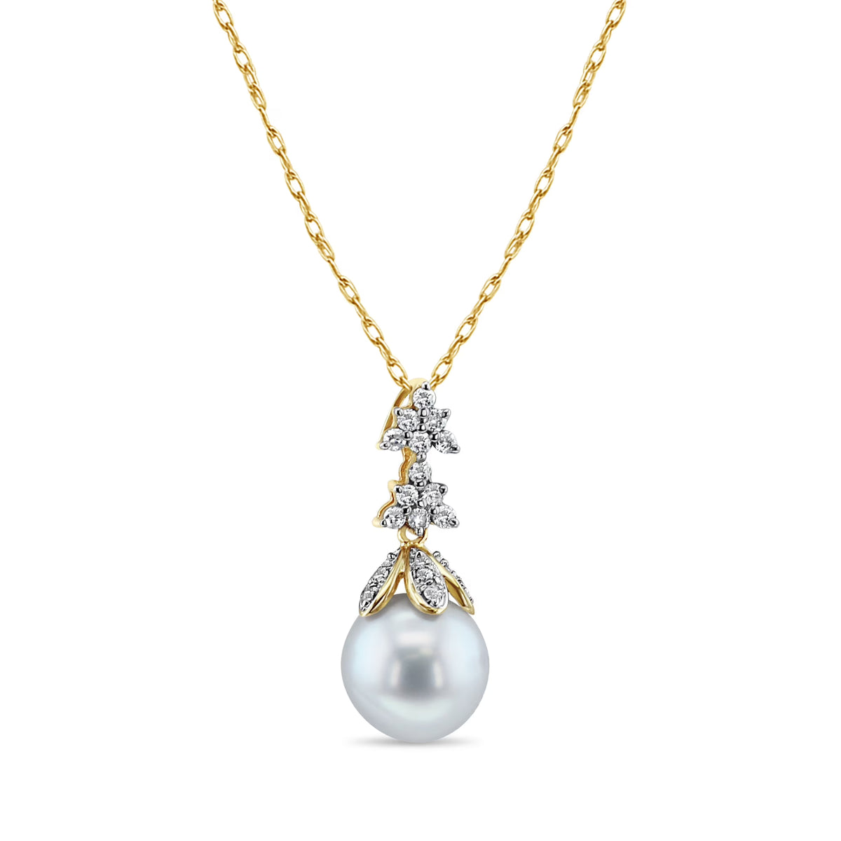 14k Yellow Gold Dangling Pearl Necklace with Diamond Accents Z108866