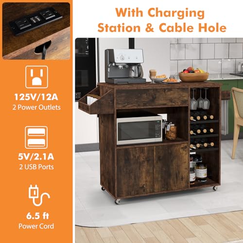 Rustic Brown Kitchen Island Cart with Drop-Leaf & Power Outlet B317