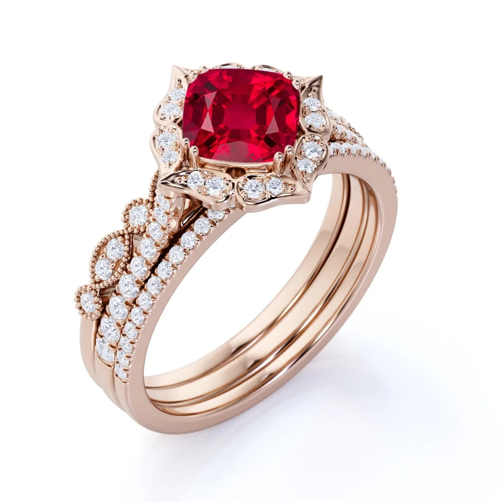 18k Rose Gold over Silver Simulated Ruby Trio Ring Set A32313
