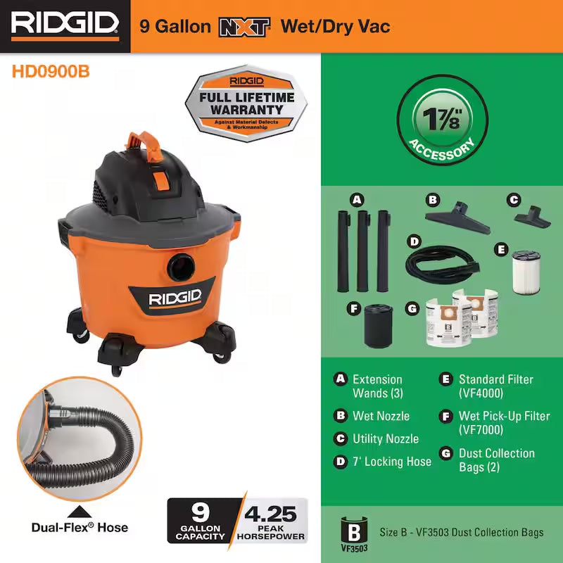 9 Gallon 4.25 Peak HP Wet/Dry Shop Vacuum with Filters Hose and Accessories T38593