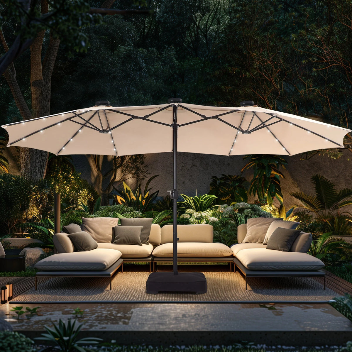 15ft Double-Sided Patio Umbrella with Solar Lights & Base X90513